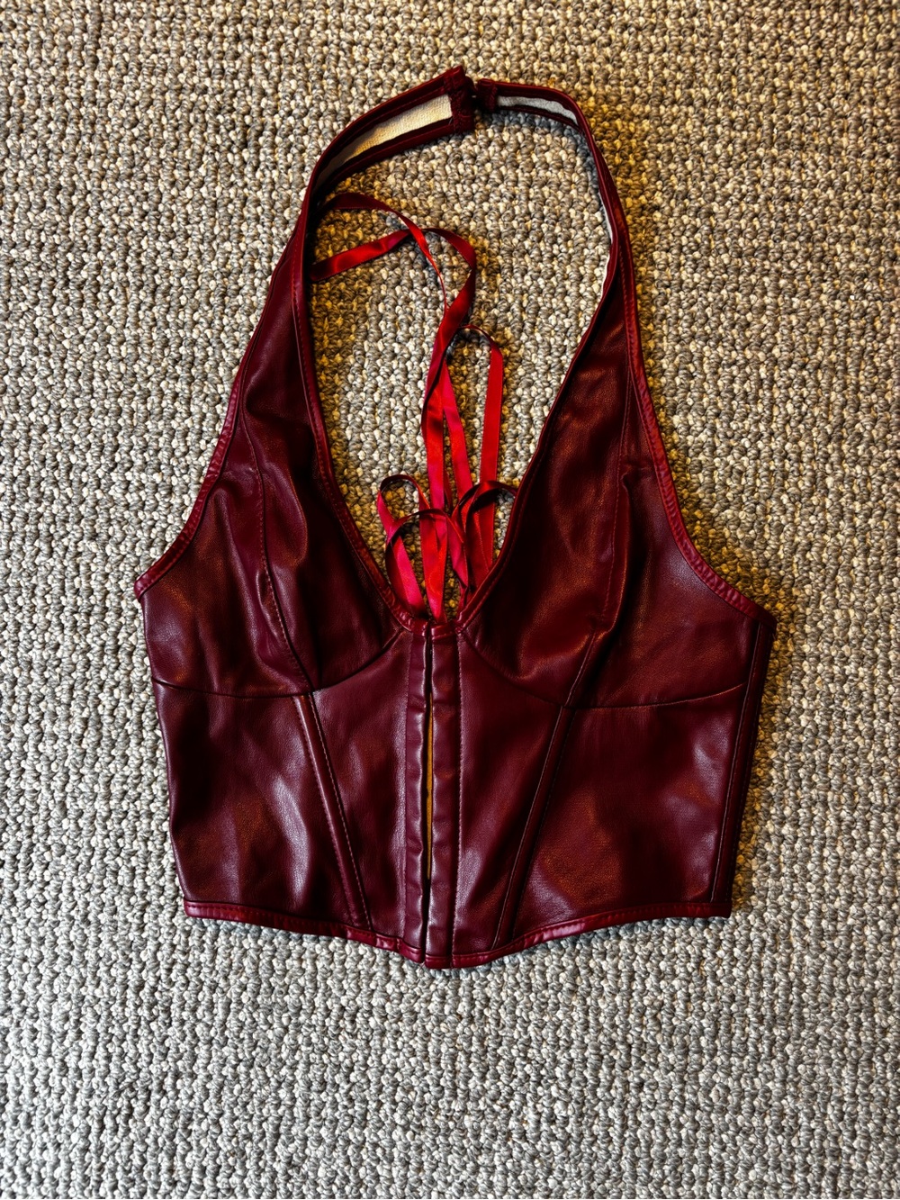 Women’s Burgundy Faux-Leather Halter Corset Top